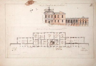 Grondplan en elevatie voor een villa, 1763 door Stephen Riou
